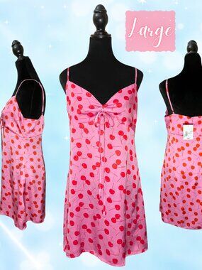 Forever 21 Pink Cherry Print Mini Slip Dress NWT Large